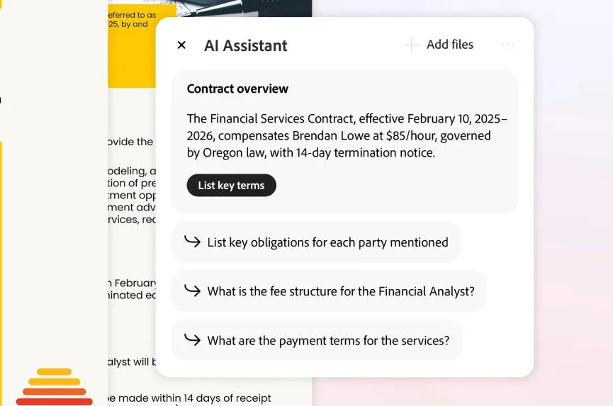 Adobe Acrobat AI liệt kê các thuật ngữ chính trong hợp đồng và giải thích đơn giản