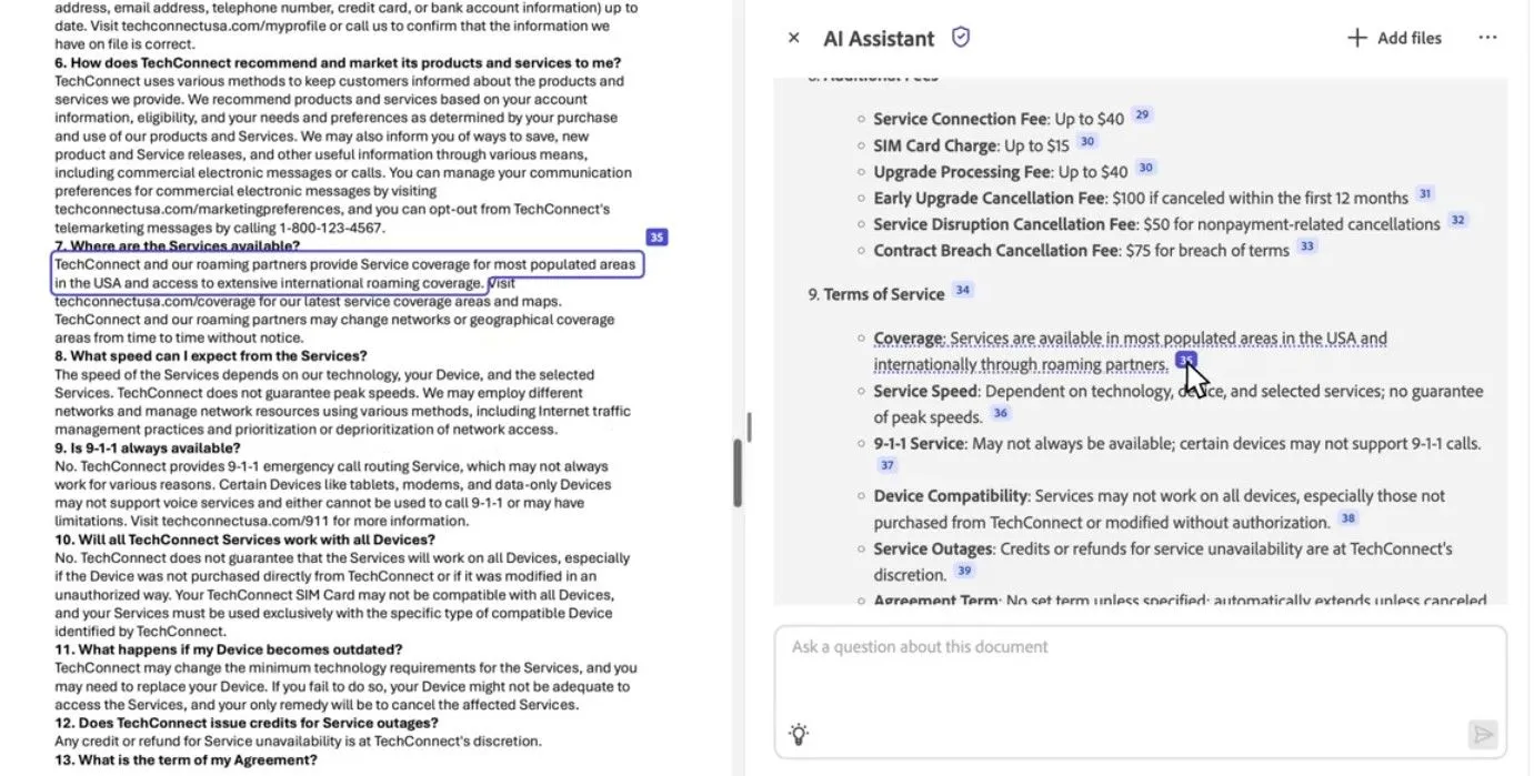 Adobe Acrobat AI tóm tắt hợp đồng và trích dẫn vị trí thông tin trong tài liệu