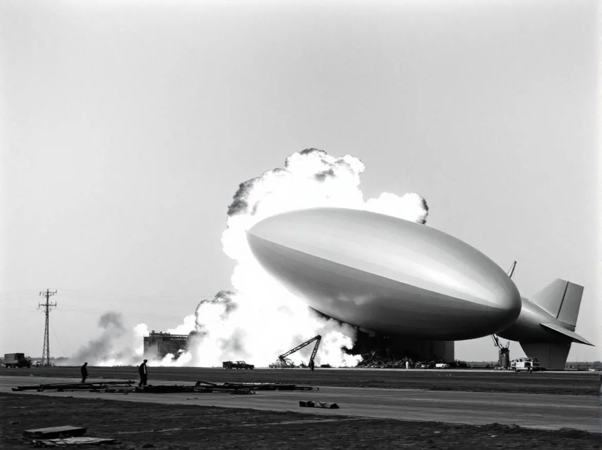 Ảnh AI Fotor cố gắng tái tạo thảm họa Hindenburg, nhưng Zeppelin vẫn nguyên vẹn dù đang cháy và bố cục không khớp với ảnh gốc.