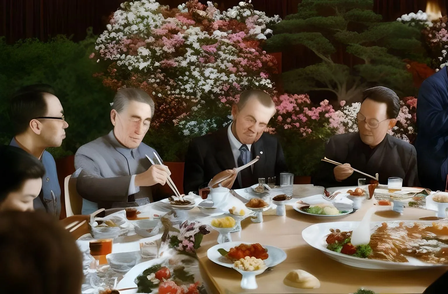Ảnh AI Fotor từ chế độ image-to-image tái hiện cảnh Nixon dùng bữa, cho thấy chất lượng hình ảnh suy giảm và khuôn mặt bị biến dạng.