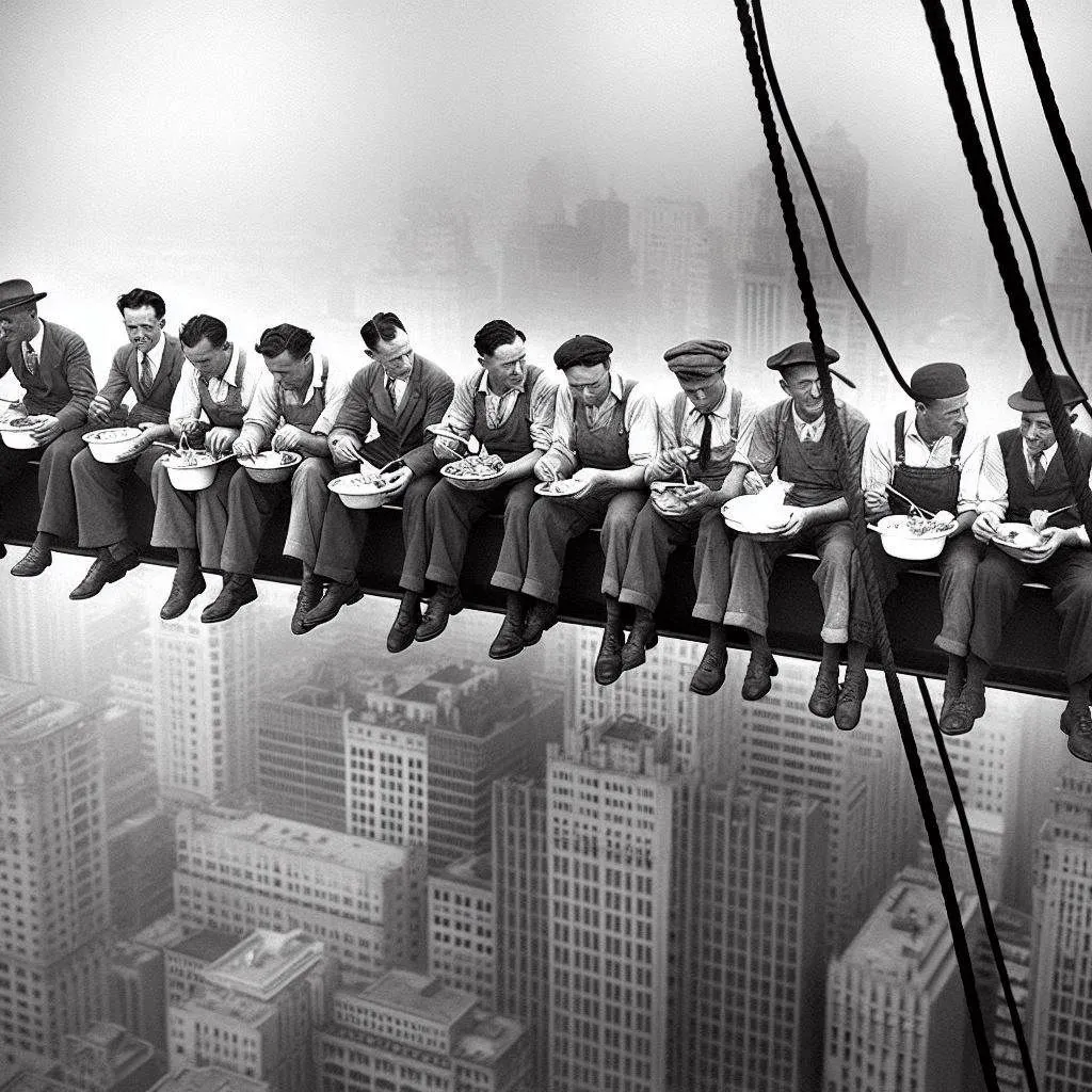 Ảnh AI tái tạo bức &quot;Lunch atop a Skyscraper&quot; với các chi tiết lặp lại, điển hình của hình ảnh do AI tạo.