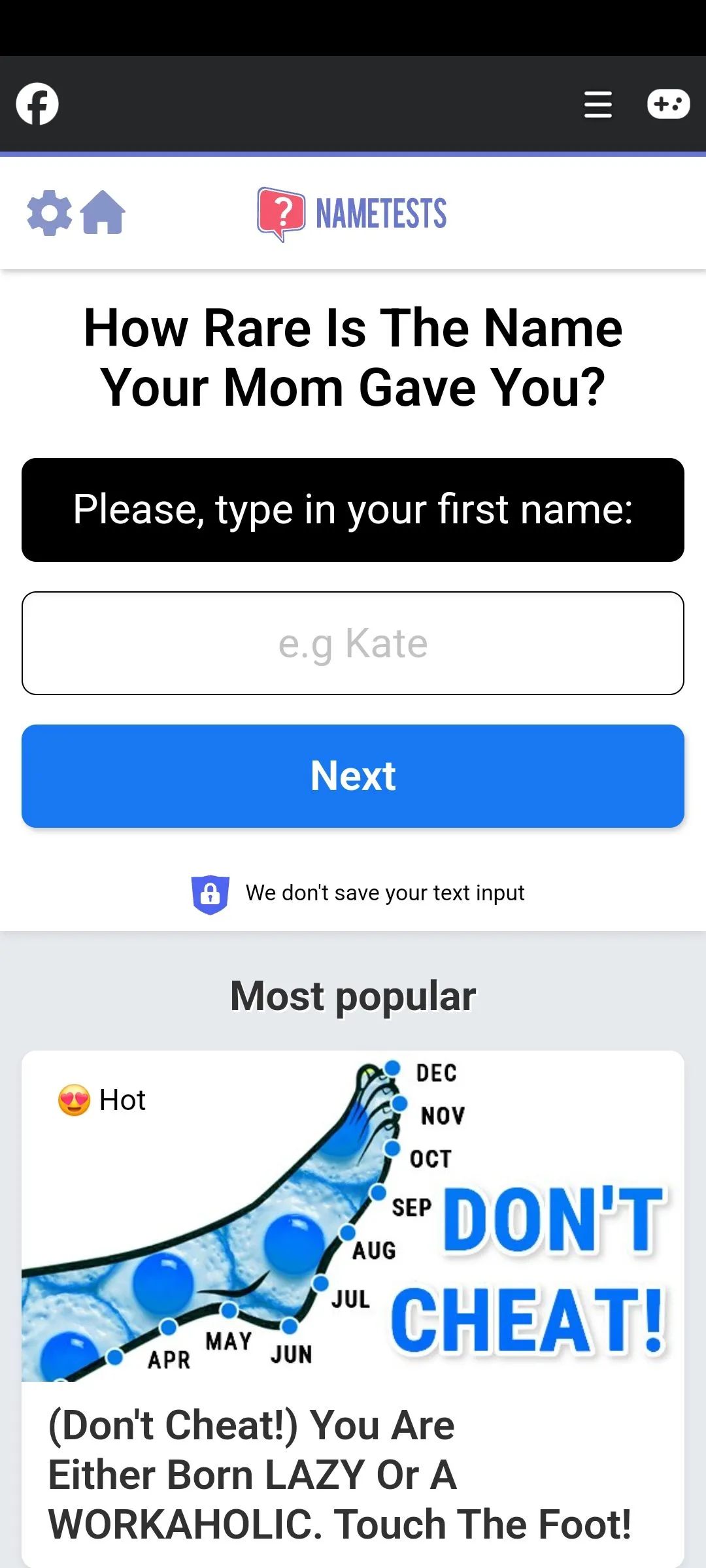 Ảnh chụp màn hình bài kiểm tra NameTest trên Facebook, biểu thị việc sử dụng các trò chơi trực tuyến để thu thập dữ liệu cá nhân.