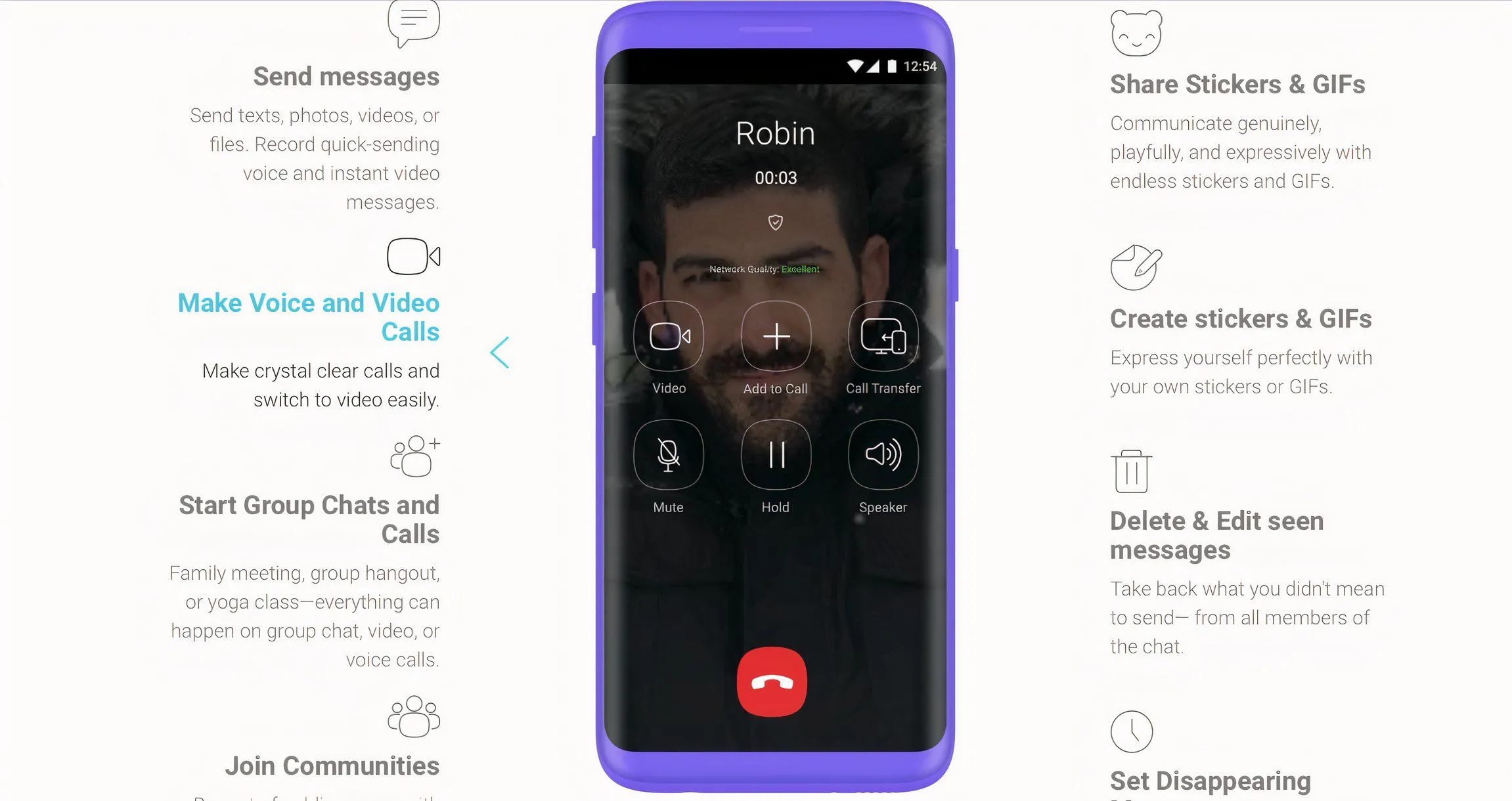 Ảnh chụp màn hình các tính năng và dịch vụ của Viber, bao gồm giao diện gọi điện và nhắn tin, minh họa sự đa dạng trong khả năng liên lạc.