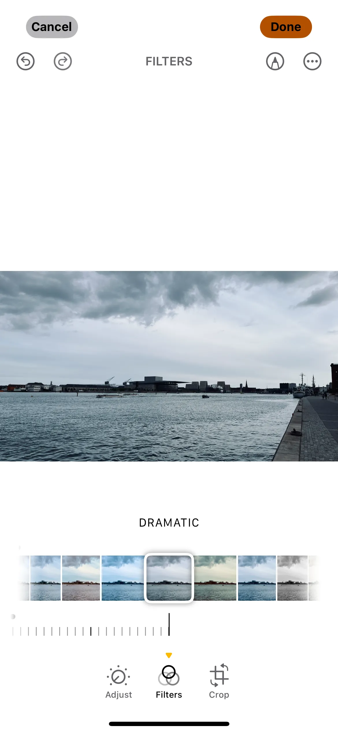 Ảnh chụp màn hình điện thoại iPhone cho thấy ứng dụng Photos đang áp dụng bộ lọc Dramatic cho bức ảnh.