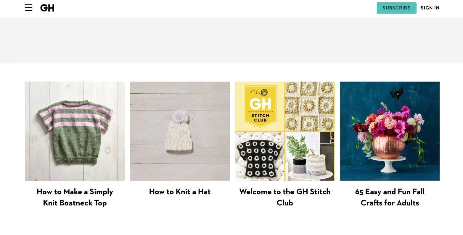 Ảnh chụp màn hình mục thủ công của Good Housekeeping với các dự án đan len đa dạng