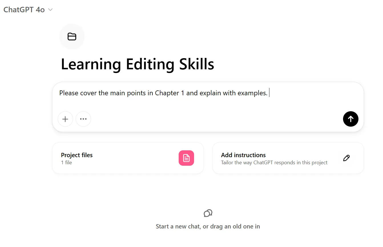 Ảnh chụp màn hình phần 'Project files' trong giao diện ChatGPT, hiển thị danh sách các tệp tài liệu và ghi chú đã được tải lên để tổ chức và sử dụng trong quá trình học tập.