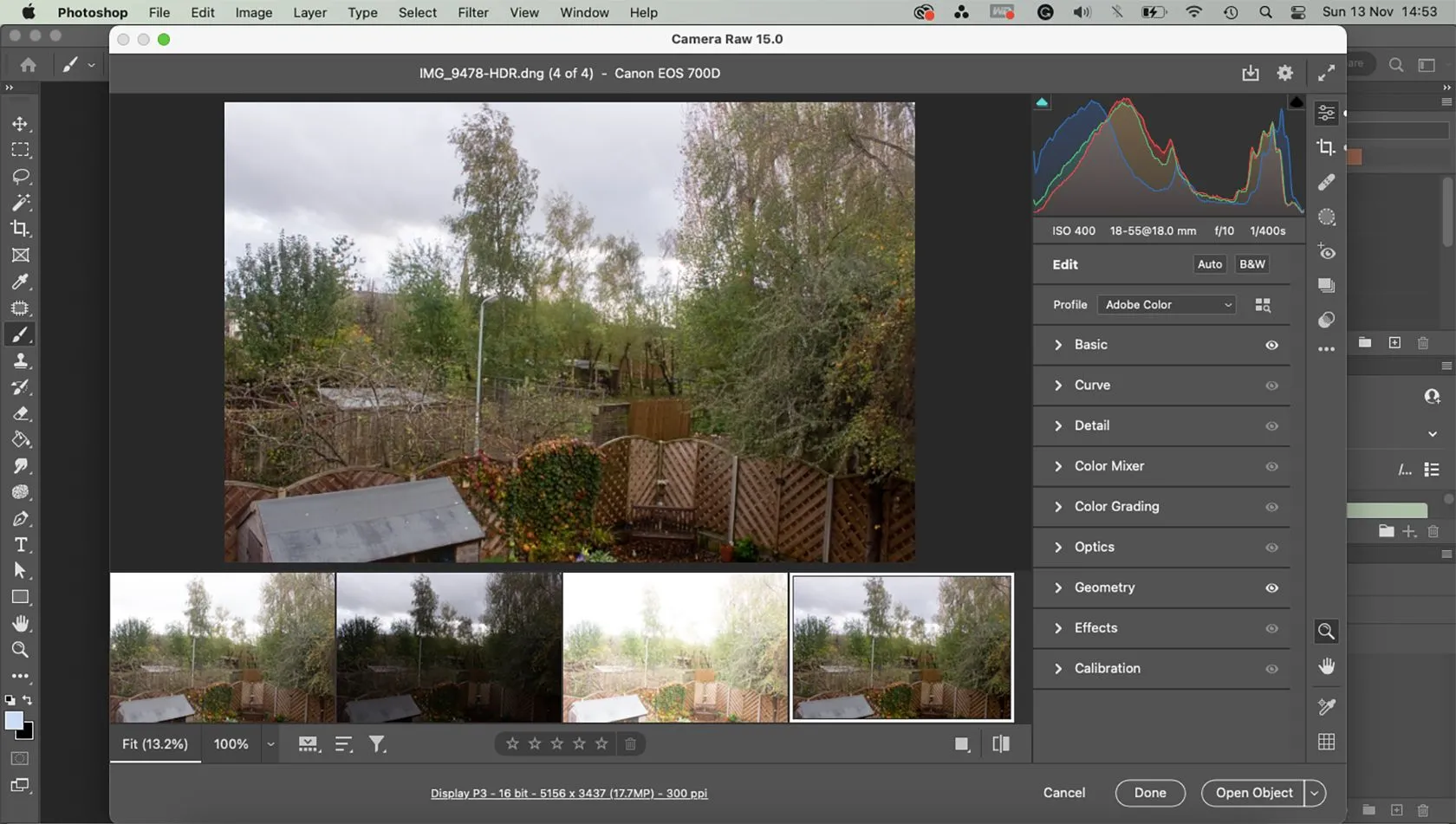 Ảnh chụp màn hình Photoshop đang mở Camera Raw để chỉnh sửa ảnh RAW