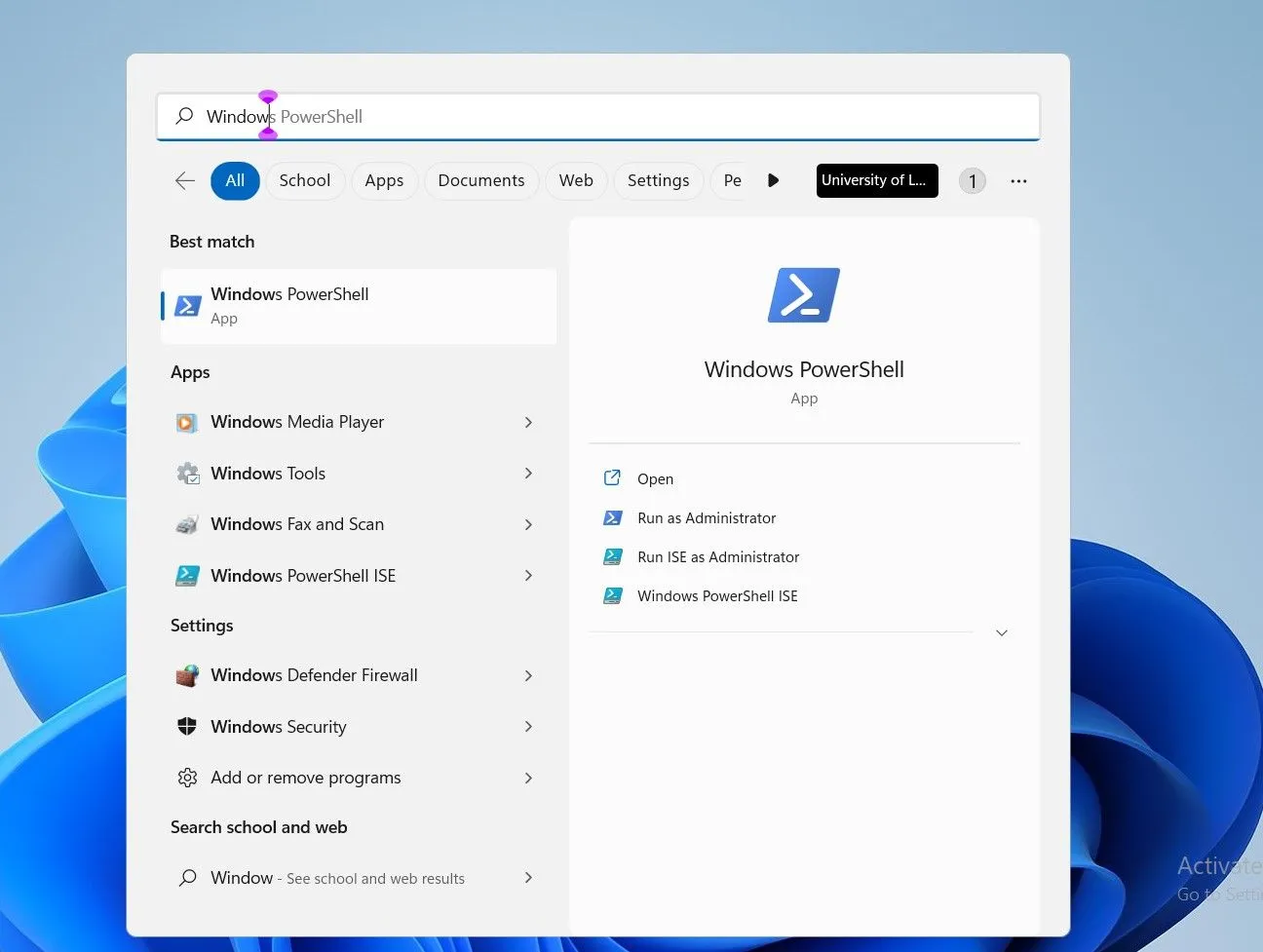 Ảnh chụp màn hình tìm kiếm Windows PowerShell trong thanh tìm kiếm của Windows, minh họa cách truy cập nhanh công cụ này để bắt đầu sử dụng, thể hiện sự dễ dàng tìm kiếm trong hệ điều hành.