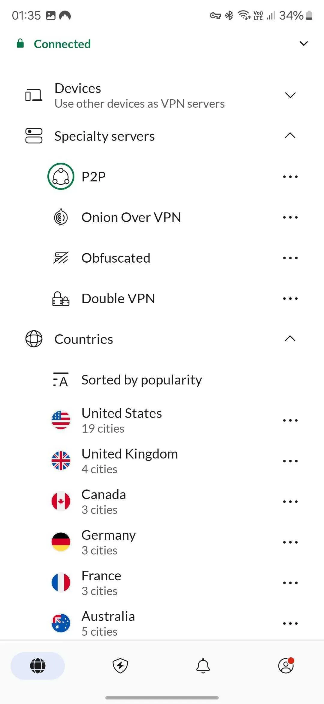 Ảnh chụp màn hình ứng dụng NordVPN trên điện thoại Android, hiển thị trạng thái kết nối VPN đã bật