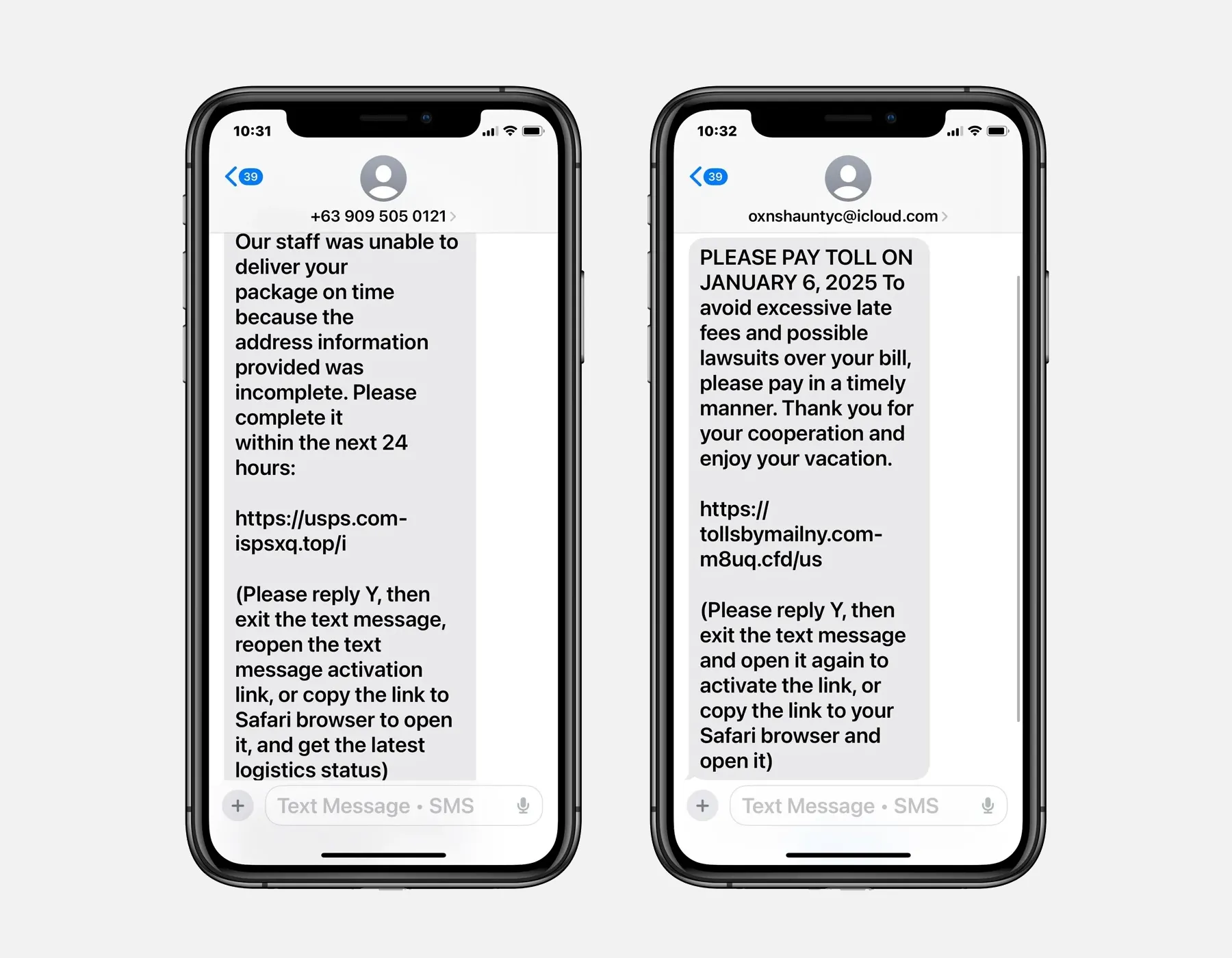 Ảnh chụp màn hình ví dụ tin nhắn lừa đảo smishing iMessage từ Bleeping Computer