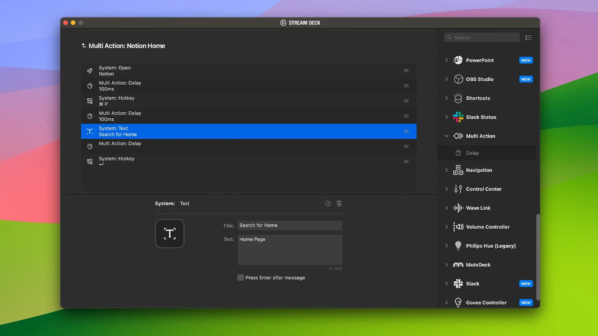Ảnh chụp màn hình ví dụ về thiết lập Multi Action trên Stream Deck, cho thấy chuỗi hành động được tự động hóa để tăng năng suất công việc.