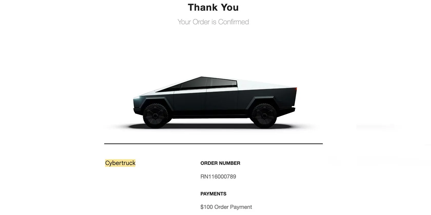 Ảnh chụp màn hình xác nhận đơn hàng mua sắm trực tuyến của Tesla Cybertruck.