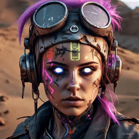 Ảnh động GIF của phụ nữ cyberpunk với hiệu ứng pan camera chậm rãi tạo cảm giác hùng vĩ.