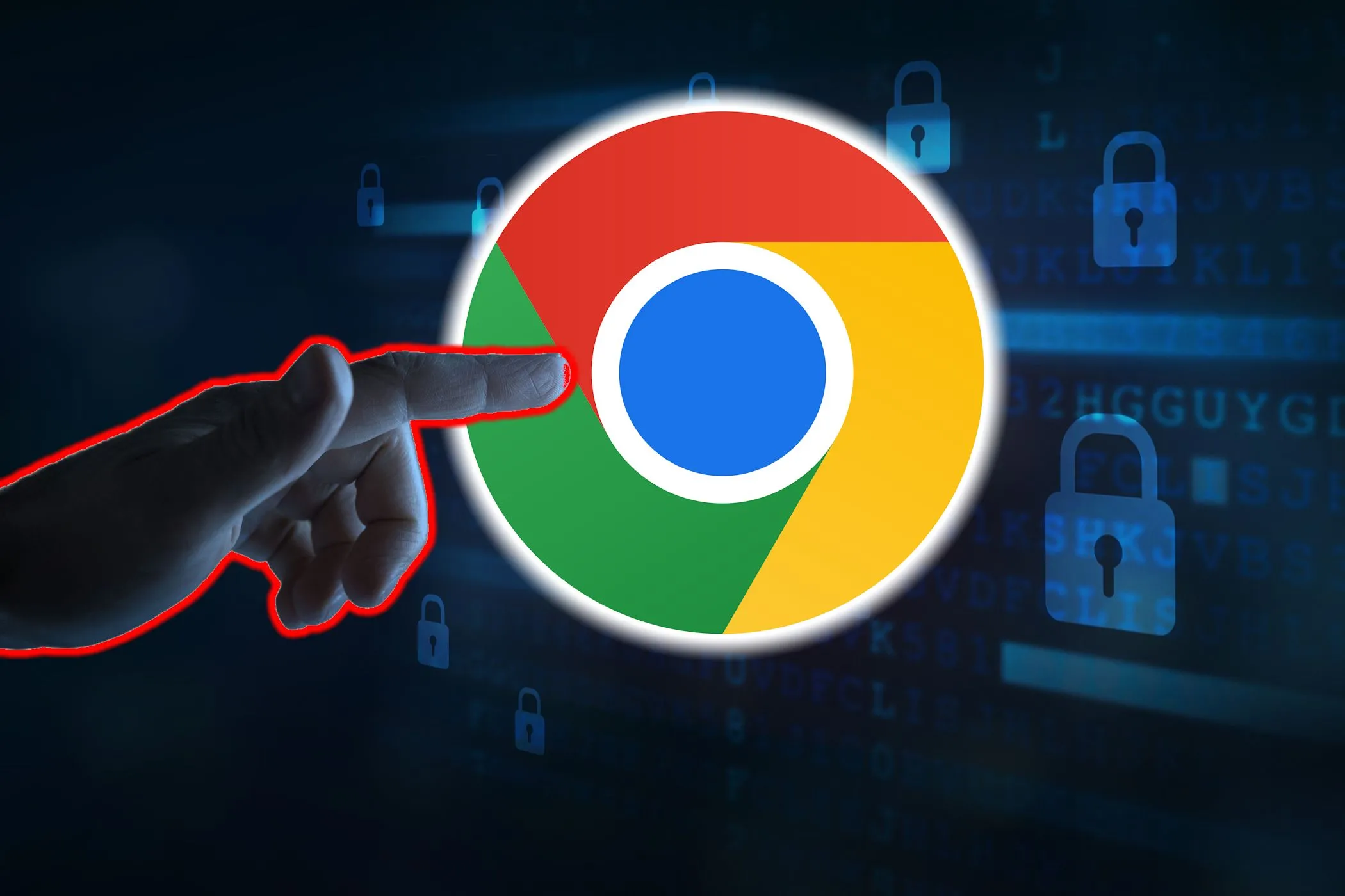 Ảnh minh họa một người đang chỉ vào biểu tượng Google Chrome, tượng trưng cho việc khai thác dữ liệu web hoặc thông tin trên mạng xã hội.