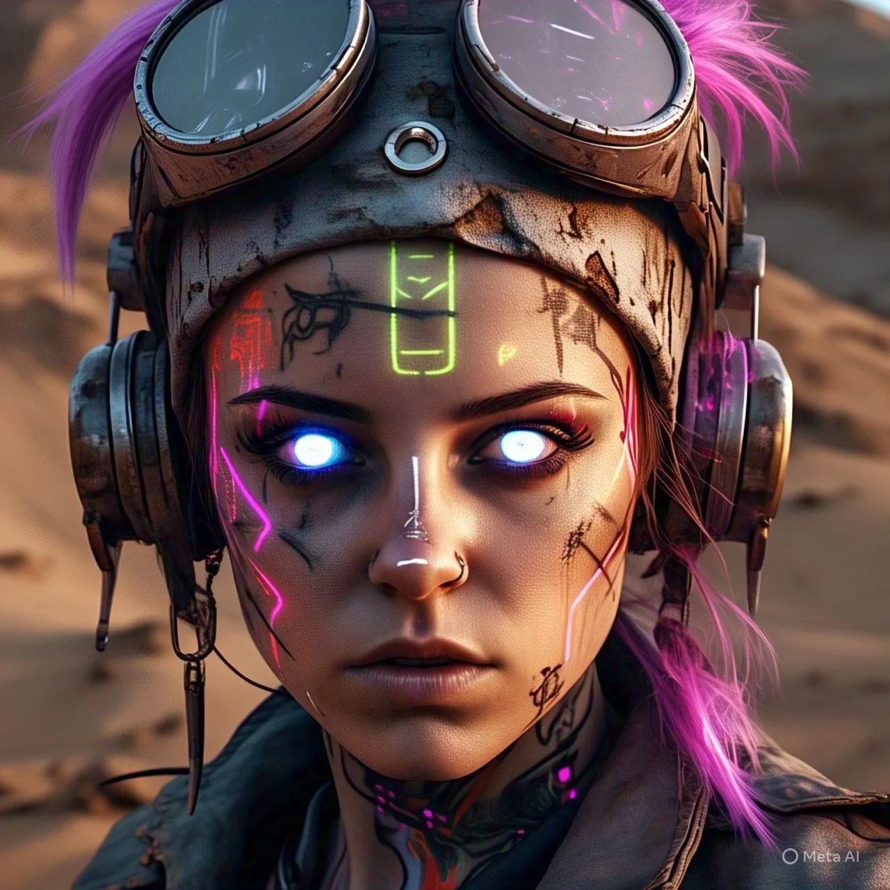 Ảnh tĩnh cận cảnh khuôn mặt một phụ nữ cyberpunk với hình xăm neon và đôi mắt phát sáng trong sa mạc hoang tàn.