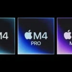 Ba chip Apple Silicon M4, M4 Pro và M4 Max đặt cạnh nhau minh họa sự phát triển của vi xử lý Apple cho MacBook.