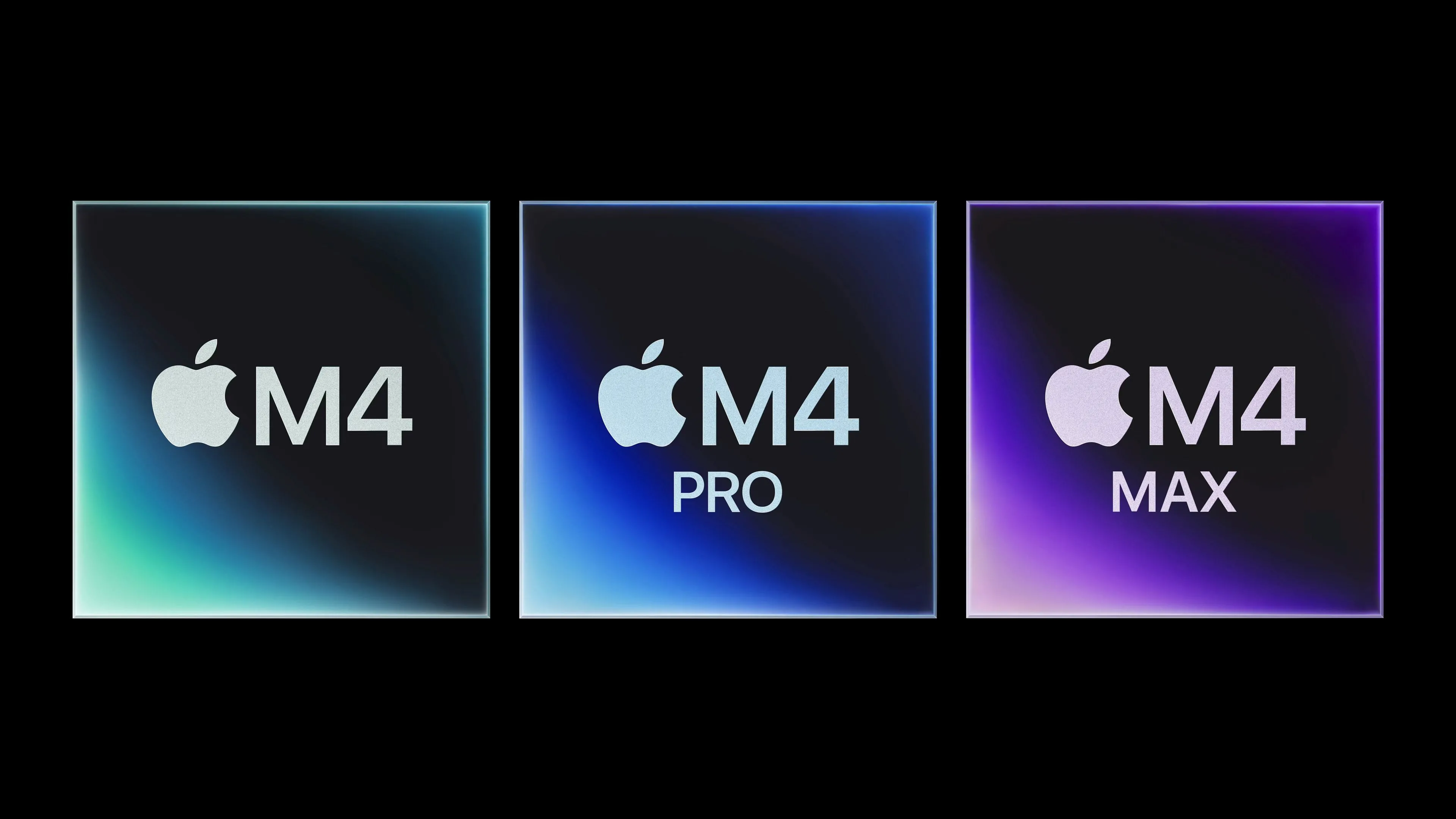 Ba chip Apple Silicon M4, M4 Pro và M4 Max đặt cạnh nhau minh họa sự phát triển của vi xử lý Apple cho MacBook.