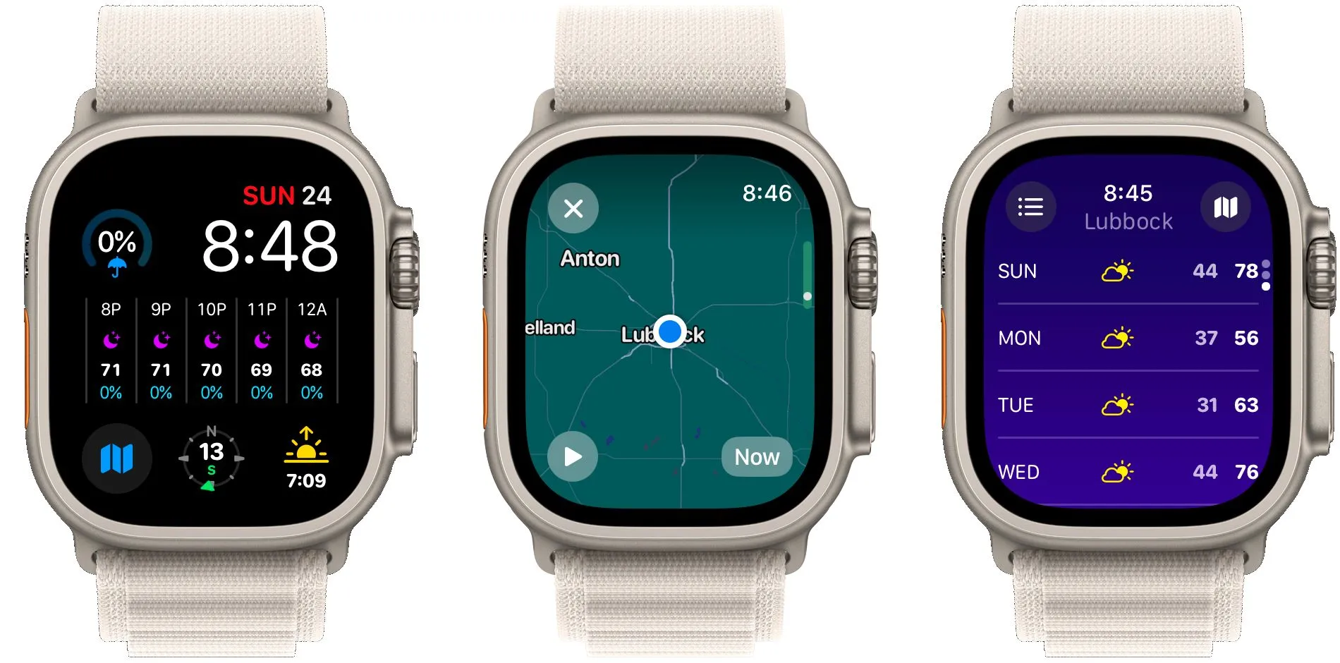 Ba màn hình ứng dụng Carrot Weather trên Apple Watch hiển thị dự báo chi tiết và radar