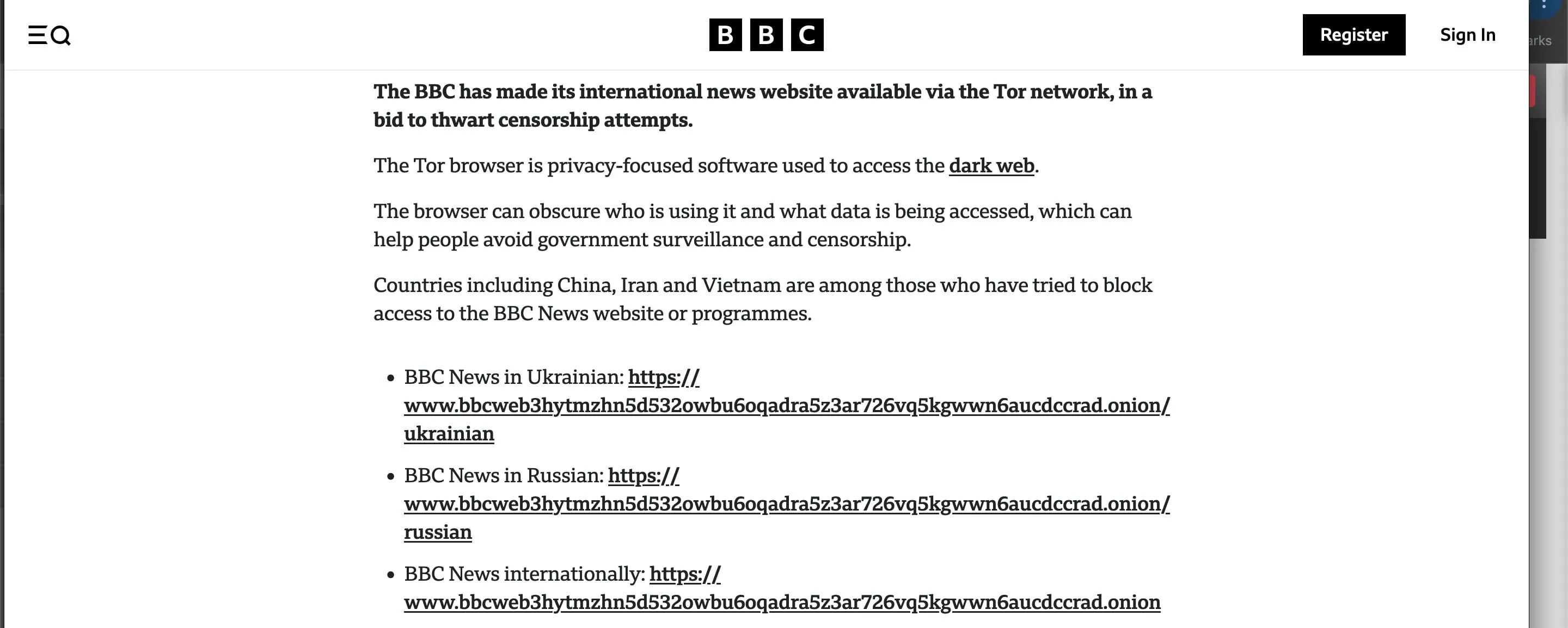 Bài viết của BBC liệt kê địa chỉ .onion chính thức của họ