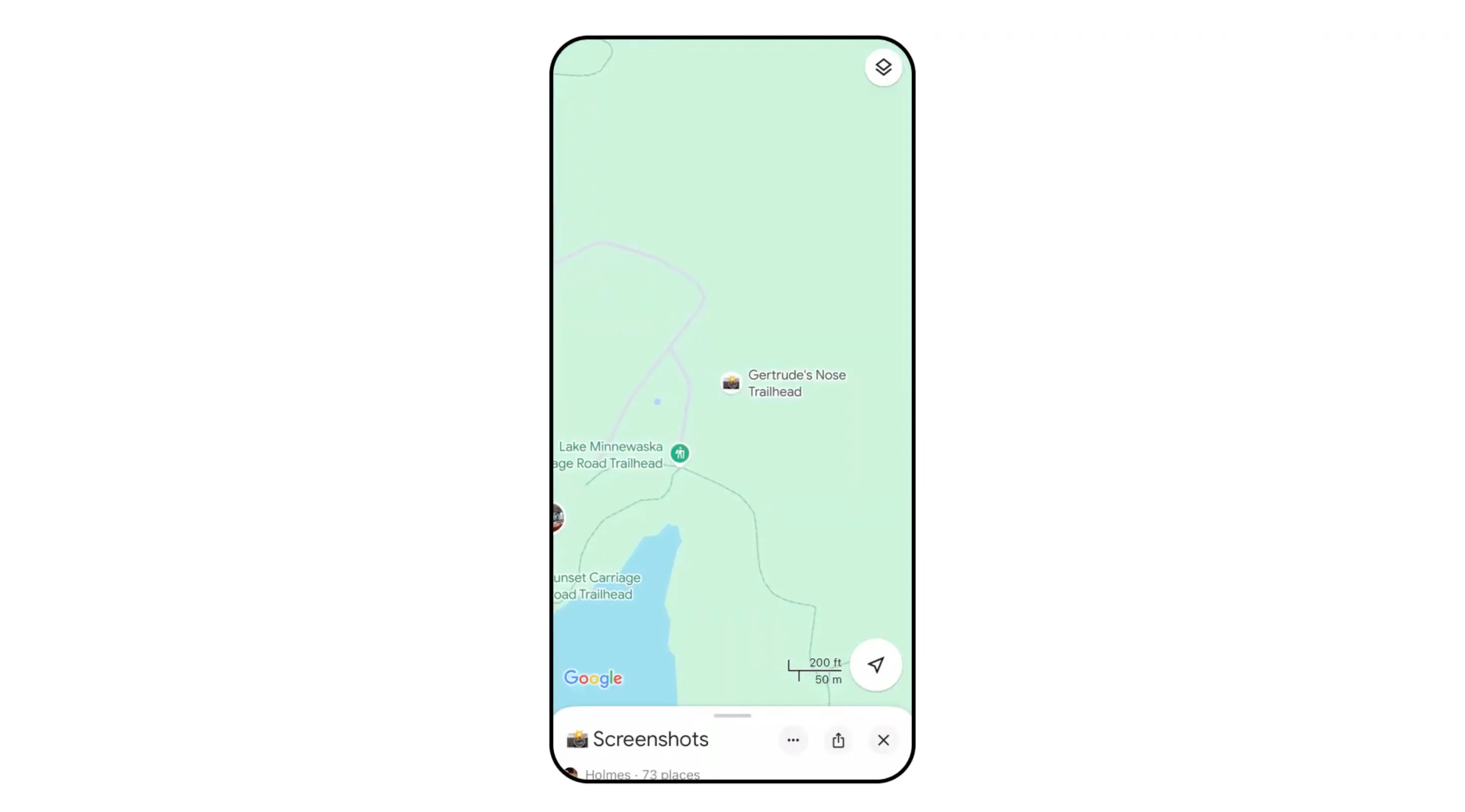 Bản đồ Google Maps hiển thị địa điểm Gertrude's Nose Trailhead được đánh dấu bằng biểu tượng máy ảnh, minh họa cách các địa điểm từ ảnh chụp màn hình được lưu và hiển thị trực quan.