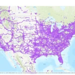 Bản đồ phủ sóng mạng 5G tại Mỹ, minh họa sự phân bổ tín hiệu 5G theo khu vực.