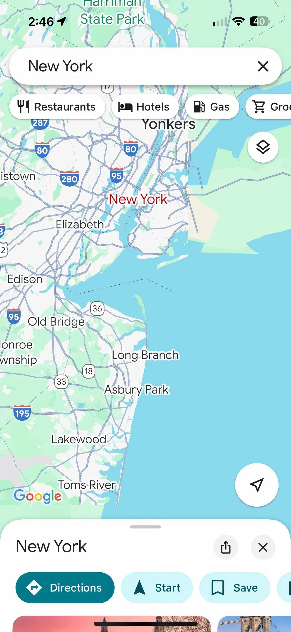 Bản đồ thành phố New York hiển thị trên ứng dụng Google Maps, hỗ trợ tìm đường và di chuyển