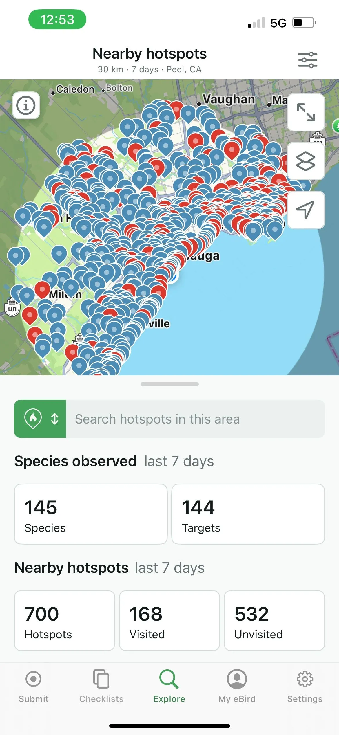 Bản đồ trong ứng dụng eBird hiển thị các điểm nóng (hotspot) quan sát chim, giúp người dùng tìm địa điểm lý tưởng.