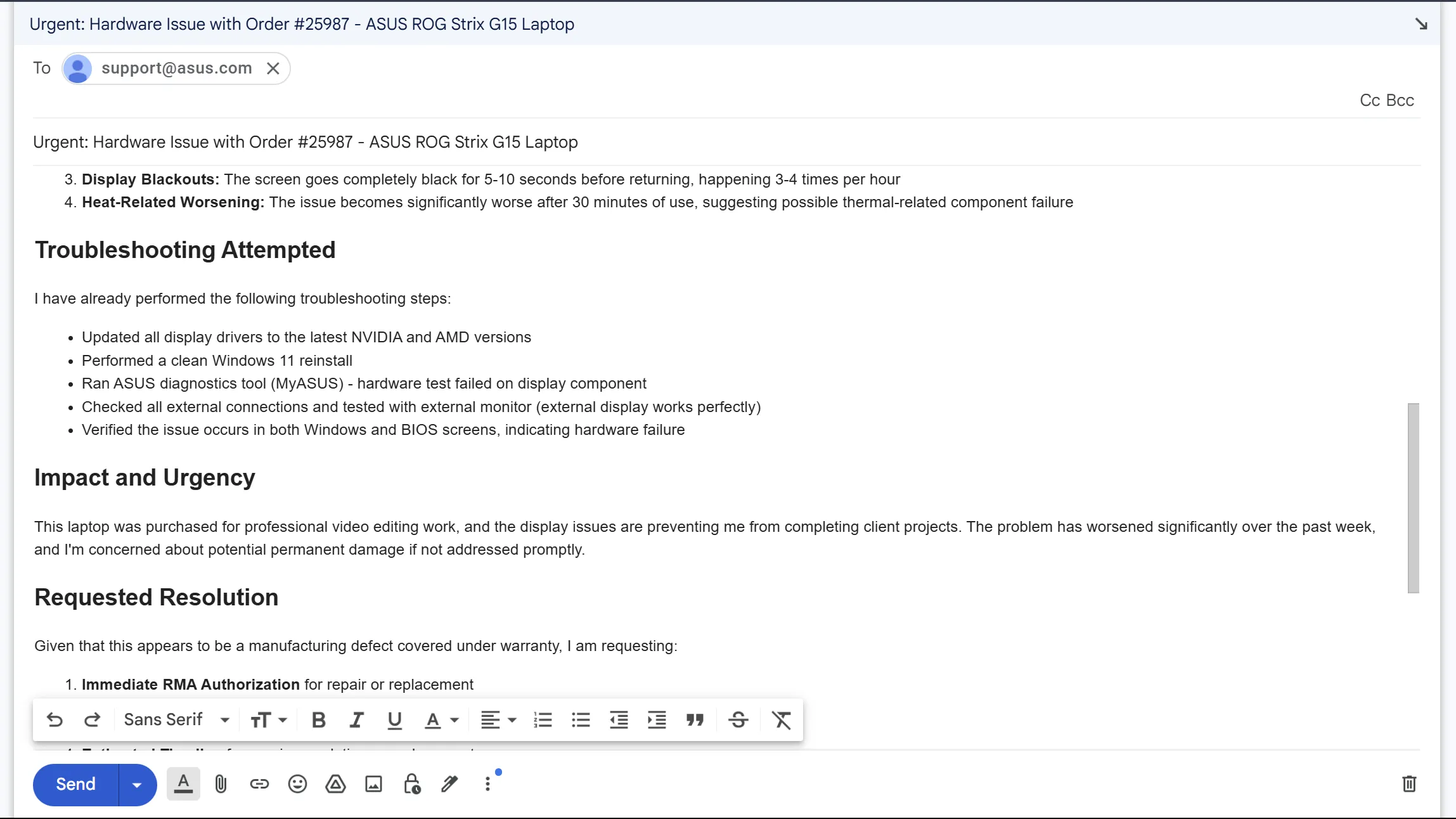 Bản nháp email gửi bộ phận hỗ trợ ASUS về vấn đề phần cứng laptop