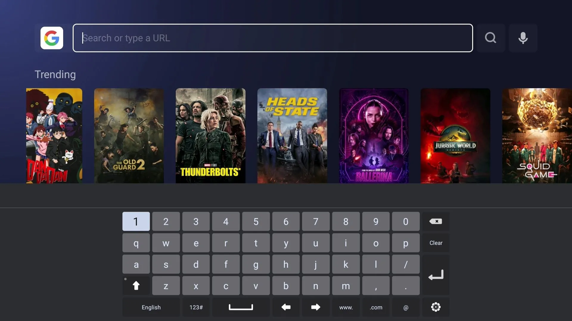Bàn phím ảo hiển thị trên màn hình Smart TV khi duyệt web, minh họa sự bất tiện khi nhập liệu và nhu cầu sử dụng bàn phím vật lý.