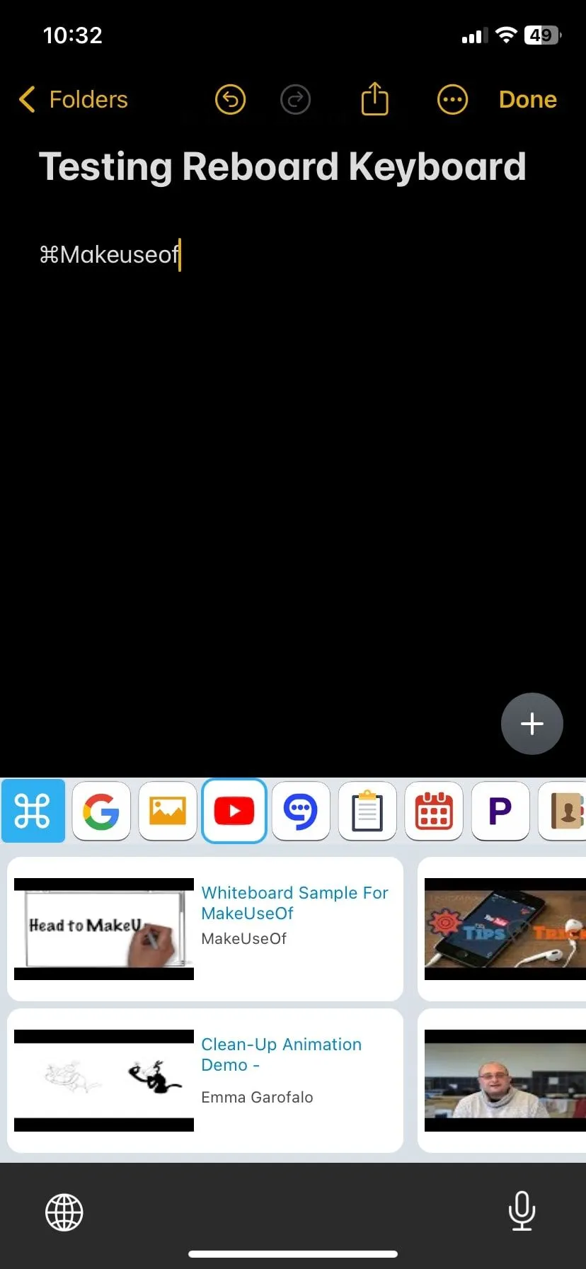 Bàn phím ReBoard tích hợp tìm kiếm YouTube hiển thị kết quả.