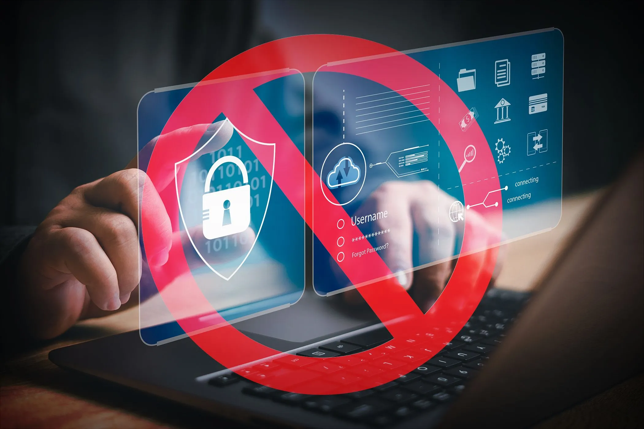 Bàn tay gõ laptop với dấu cấm màu đỏ đè lên các biểu tượng bảo mật, minh họa rủi ro từ tiện ích mở rộng trình duyệt độc hại.