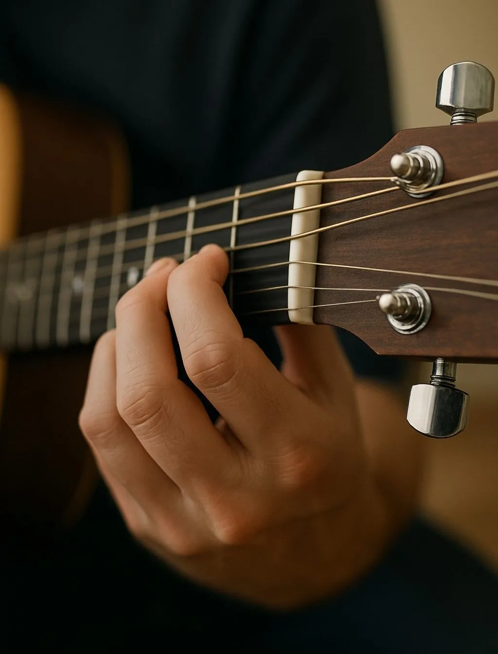 Bàn tay người chơi hợp âm E thứ trên đàn guitar acoustic do ChatGPT 4o tạo