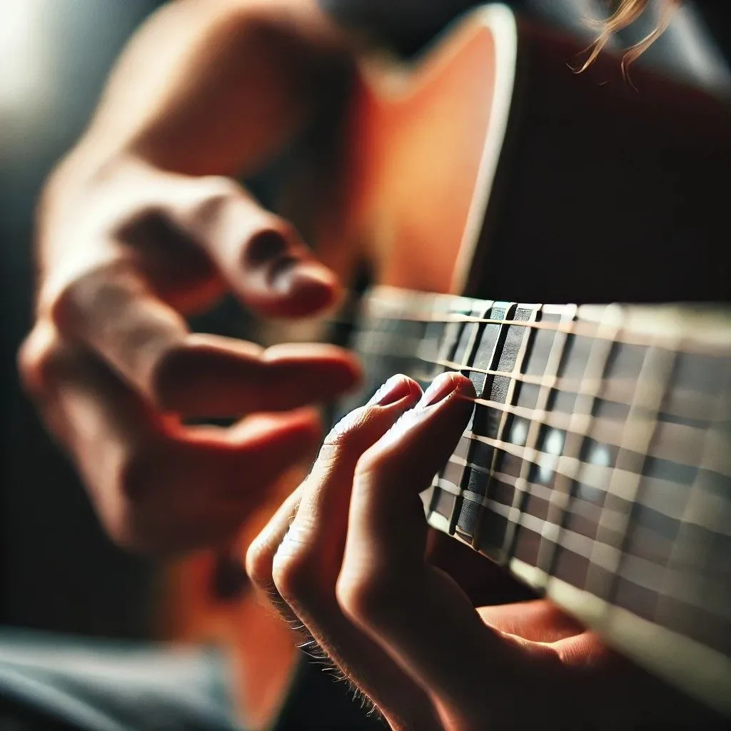 Bàn tay người chơi hợp âm E thứ trên đàn guitar acoustic do DALL-E tạo