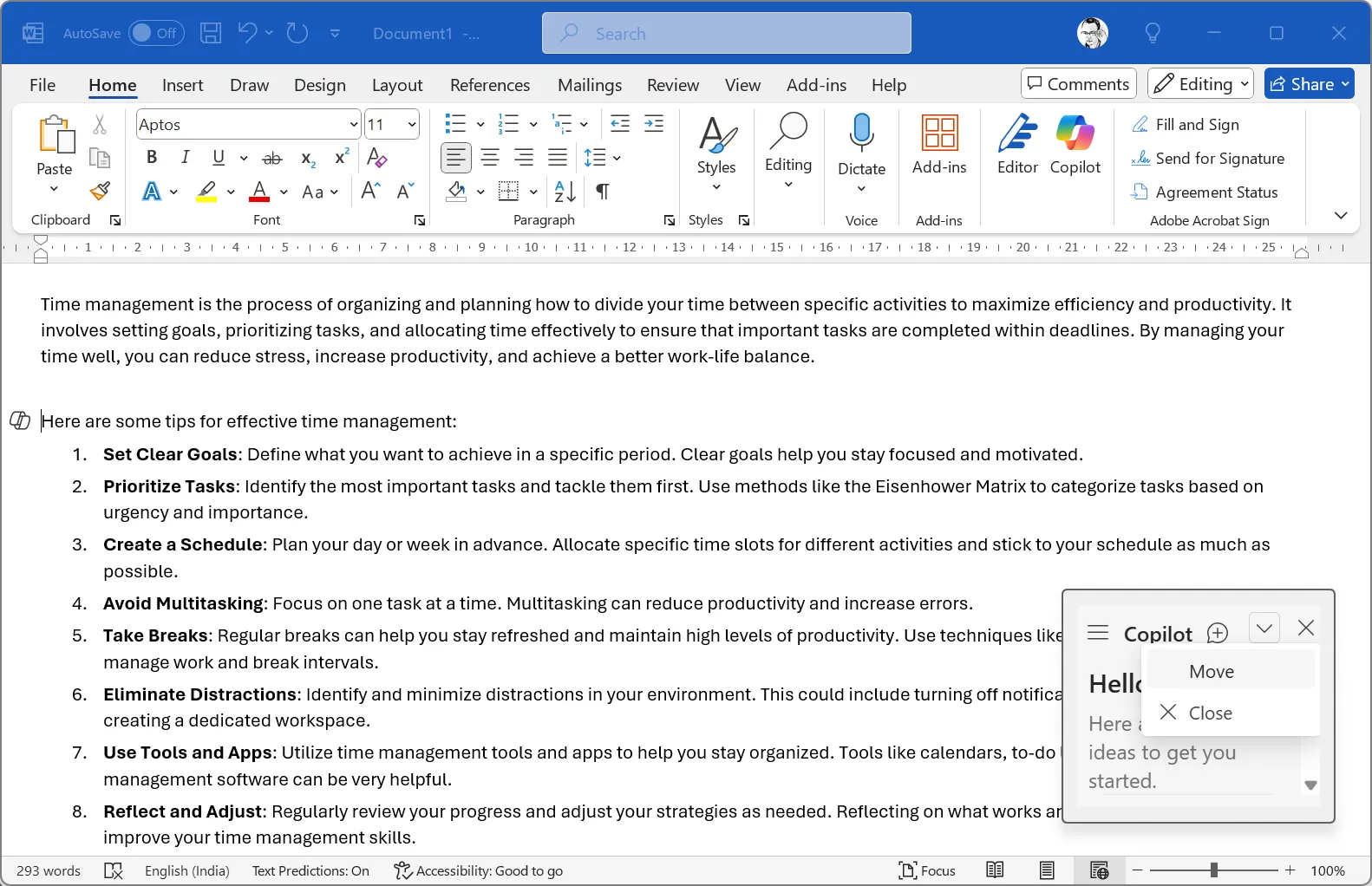 Bảng điều khiển Copilot nổi trong Microsoft Word