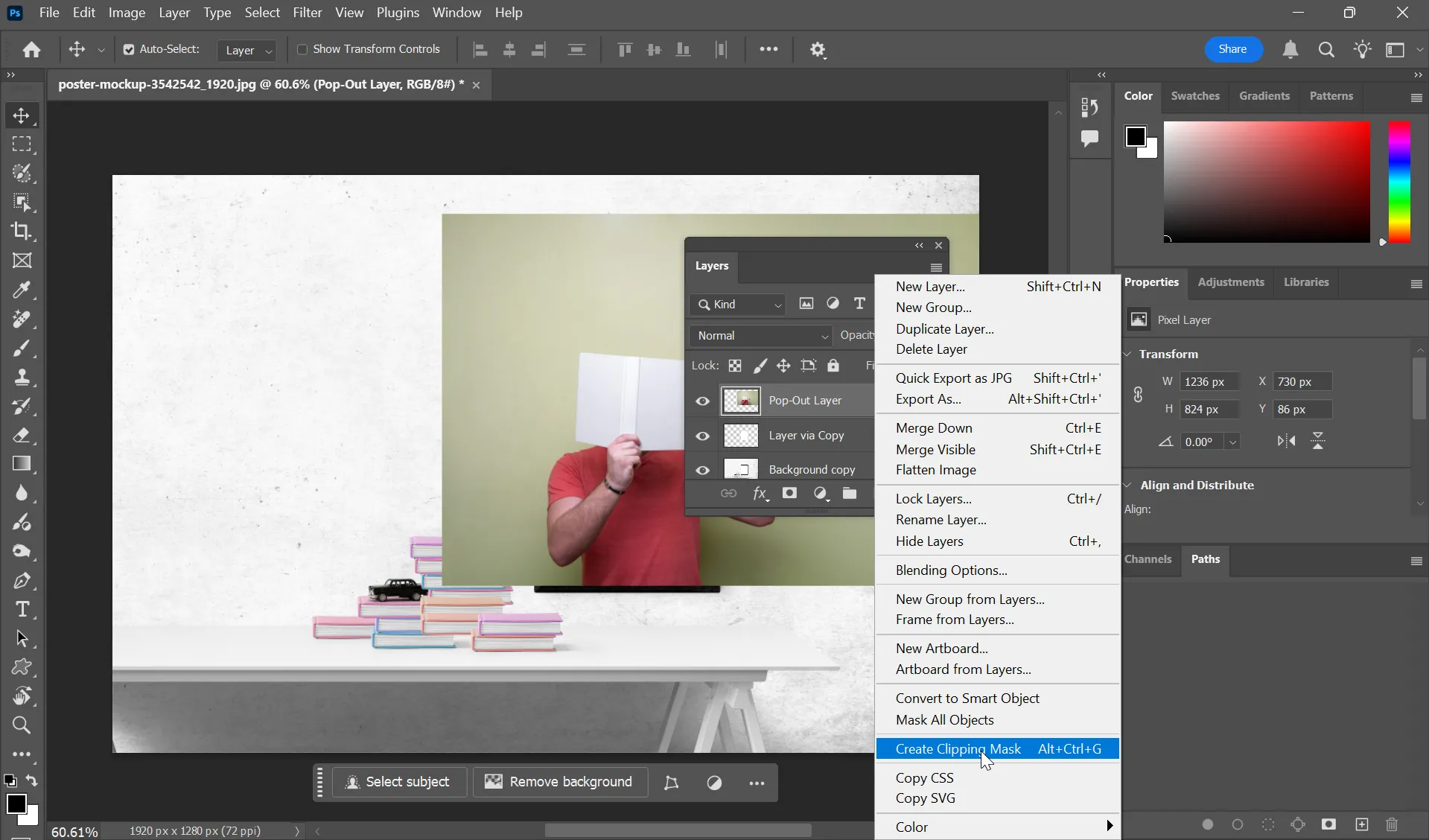 Bảng điều khiển Layers trong Photoshop minh họa ảnh pop-out đã được áp dụng Clipping Mask vào layer khung nền.