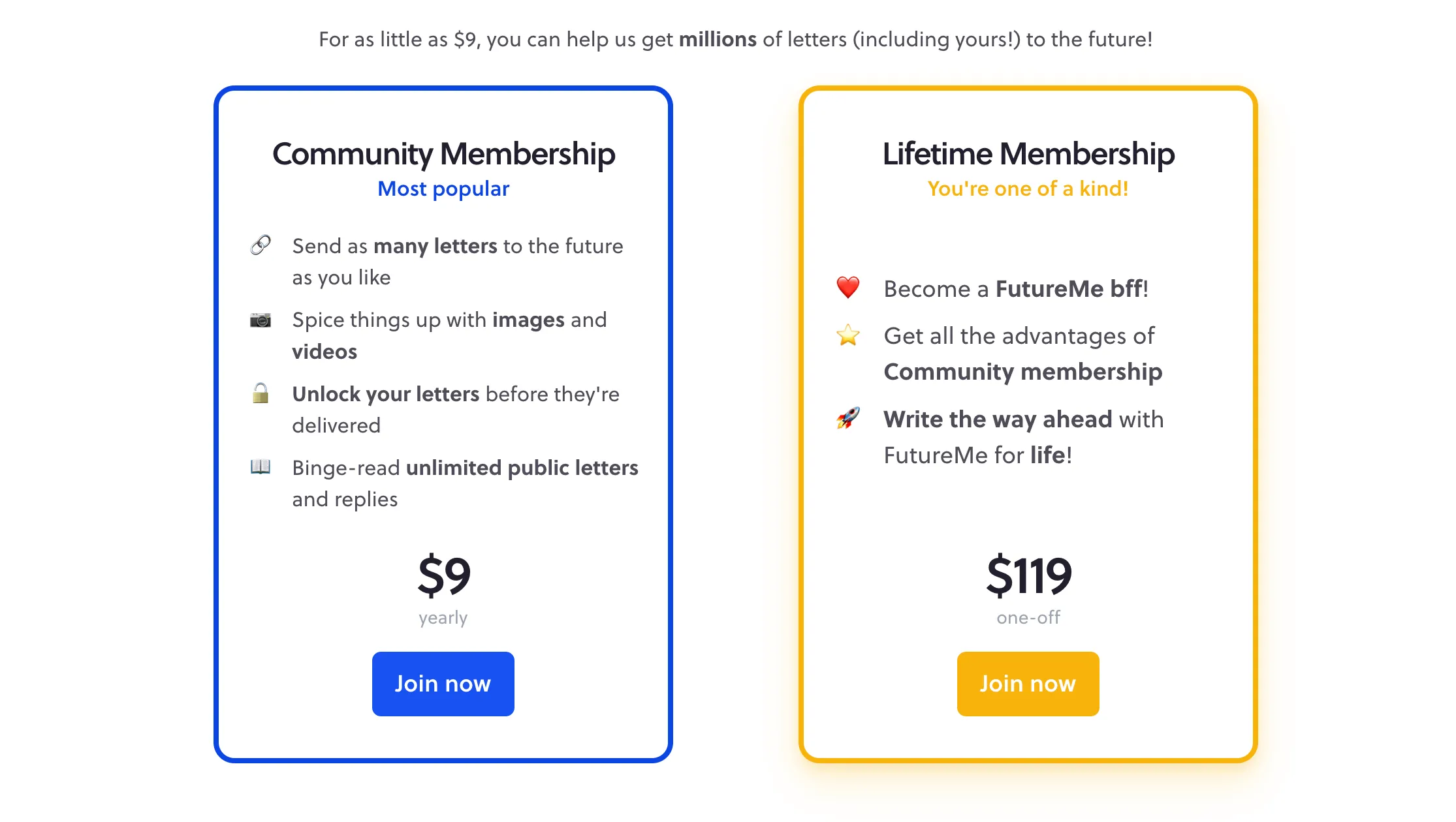 Bảng giá các gói thành viên FutureMe Premium: Community và Lifetime
