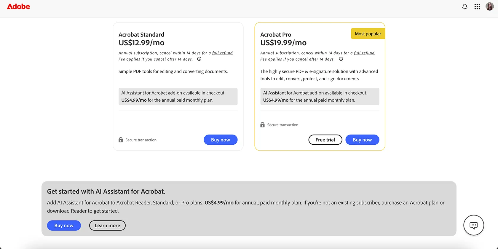 Bảng giá đăng ký dịch vụ Adobe Acrobat AI Assistant