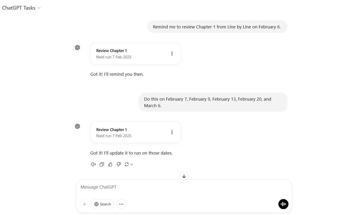 Bảng lịch trình lặp lại ngắt quãng được thiết lập trong ChatGPT Tasks, hiển thị các ngày ôn tập đã định để tối ưu hóa việc ghi nhớ thông tin cho người dùng.