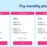 Bảng so sánh các gói cước di động trả sau hàng tháng của Lebara, hiển thị giới hạn dữ liệu, cuộc gọi và tin nhắn SMS