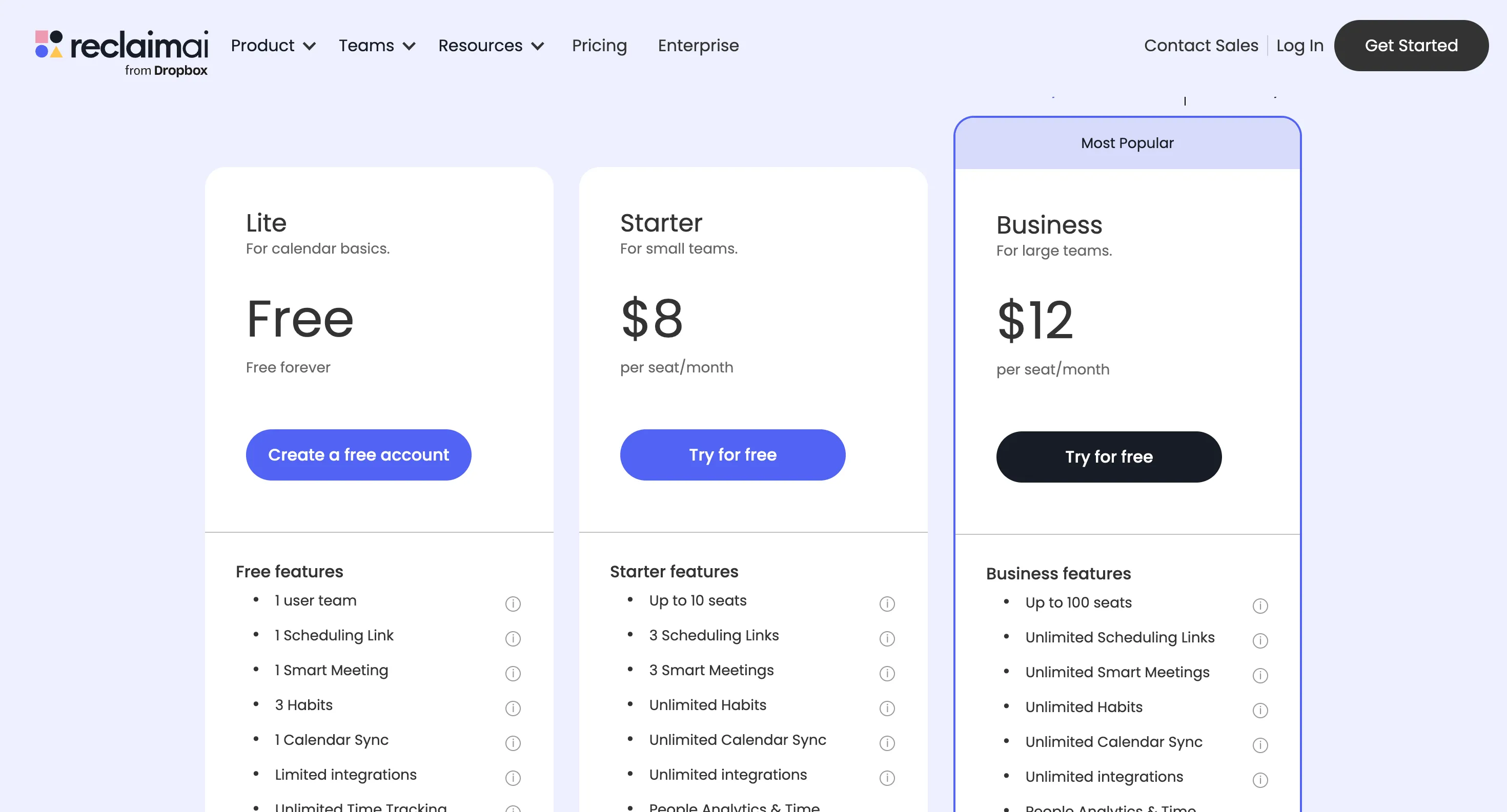 Bảng so sánh các gói trả phí Starter, Business và Enterprise của Reclaim AI
