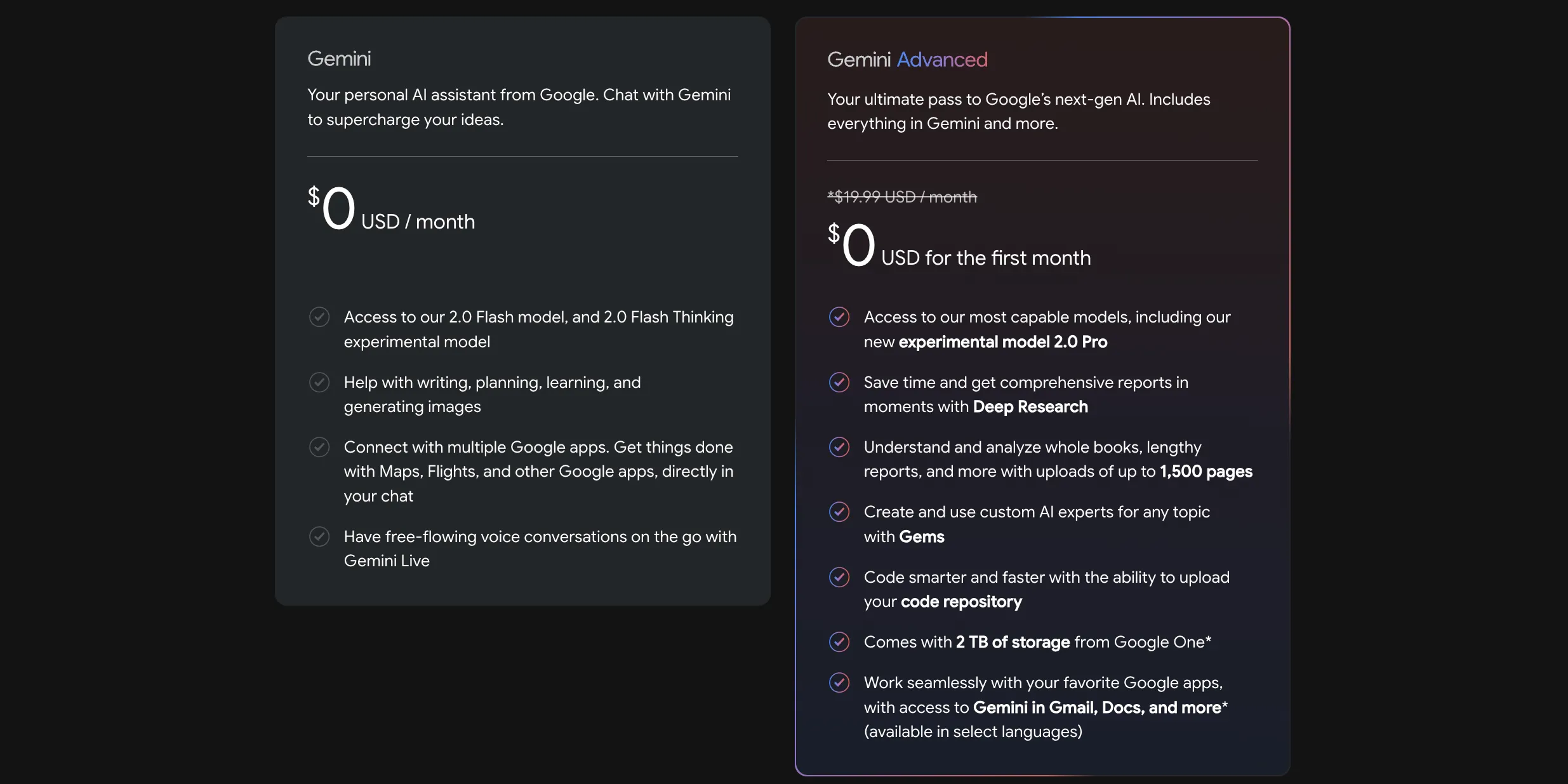 Bảng so sánh chi tiết các tính năng giữa Google Gemini phiên bản miễn phí và Gemini Advanced, nêu bật lợi ích của gói trả phí.