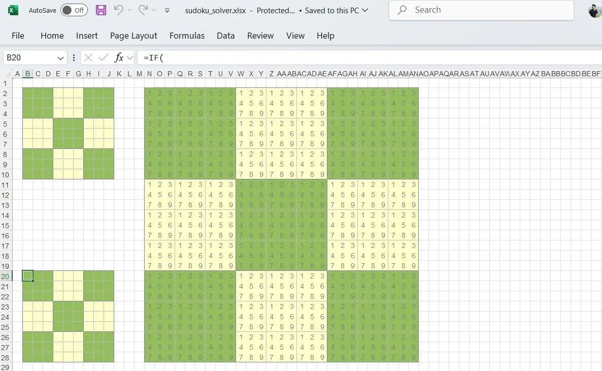 Bảng tính Excel hiển thị công cụ giải Sudoku tự động với các ô số được tô màu theo định dạng có điều kiện