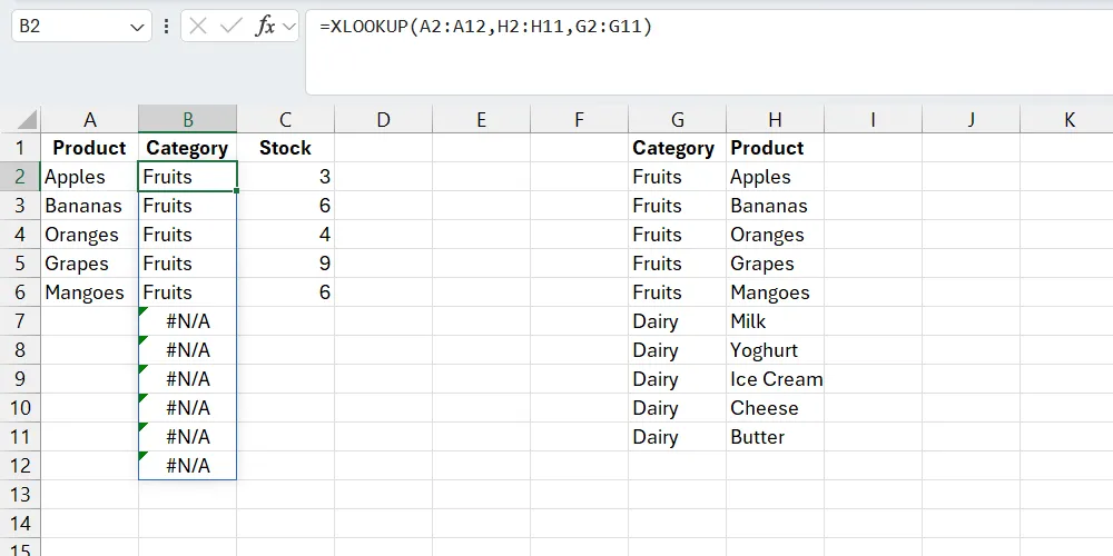 Bảng tính Excel hiển thị lỗi #N/A từ hàm XLOOKUP khi dữ liệu chưa được xử lý