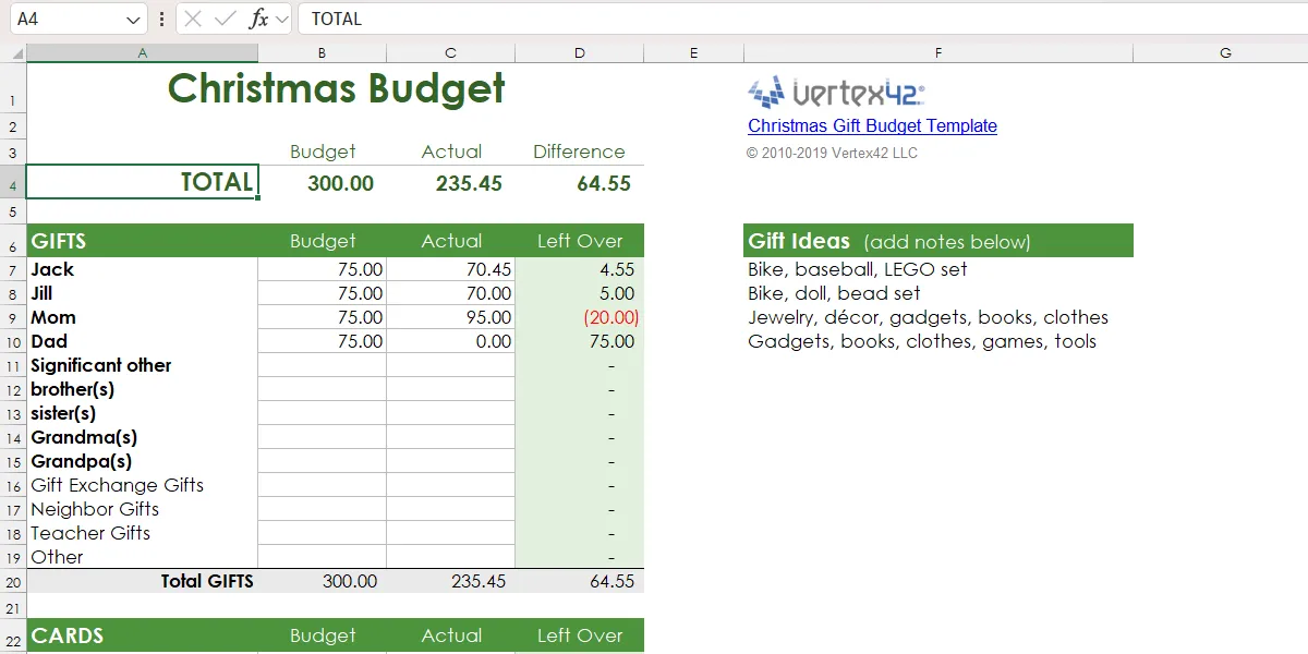 Bảng tính Excel ngân sách quà tặng Giáng Sinh và chi phí lễ hội chi tiết
