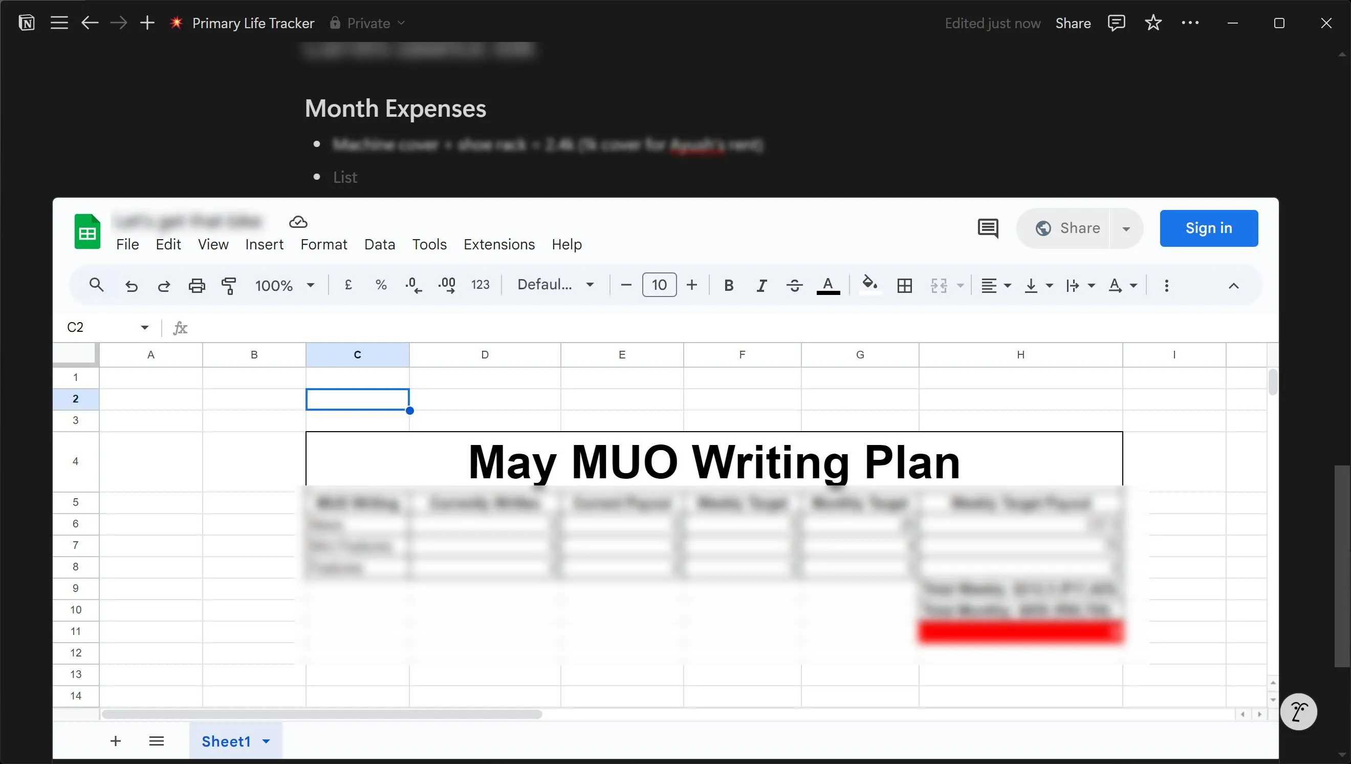 Bảng tính Google Sheets được nhúng trực tiếp vào một trang Notion, cho phép tương tác và xem dữ liệu mà không cần rời khỏi Notion