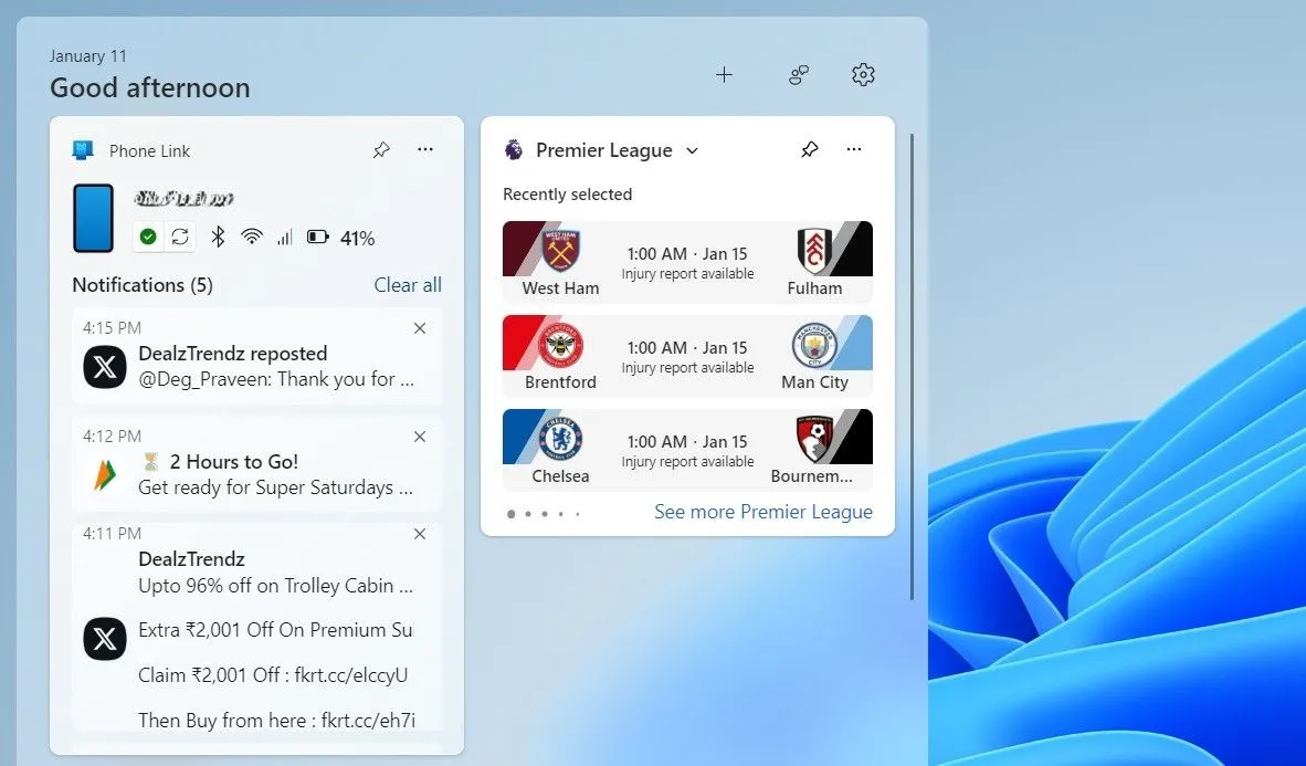 Bảng widget Windows 11 hiển thị thông báo và trạng thái pin điện thoại qua Phone Link