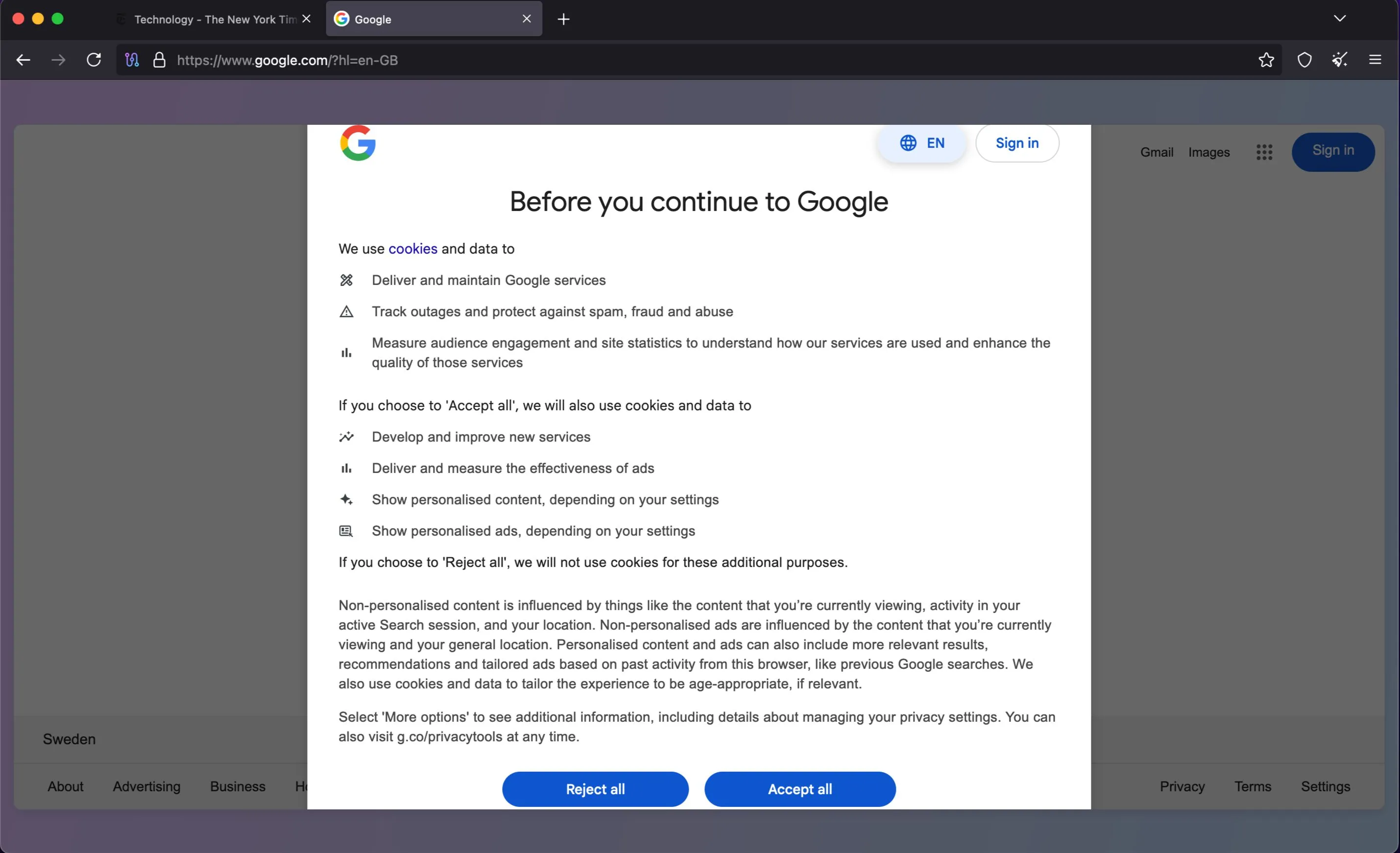 Banner yêu cầu đồng ý sử dụng cookie của Google hiển thị trong Tor Browser, cho phép người dùng lựa chọn các tùy chọn riêng tư.