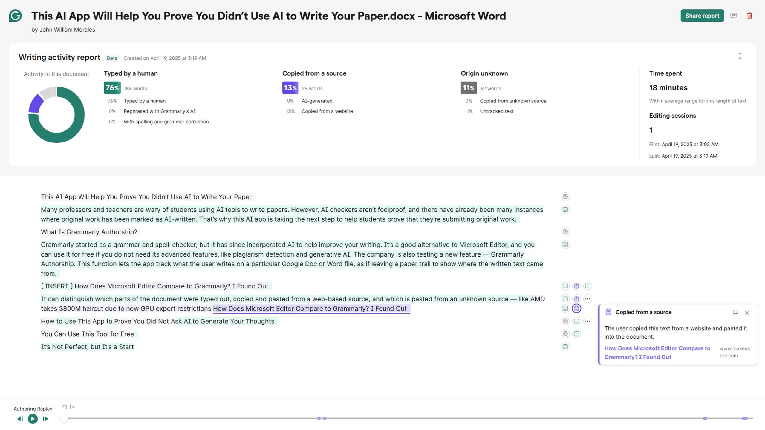 Báo cáo phiên làm việc của Grammarly Authorship hiển thị tỷ lệ nội dung được gõ, sao chép hoặc tạo bởi AI