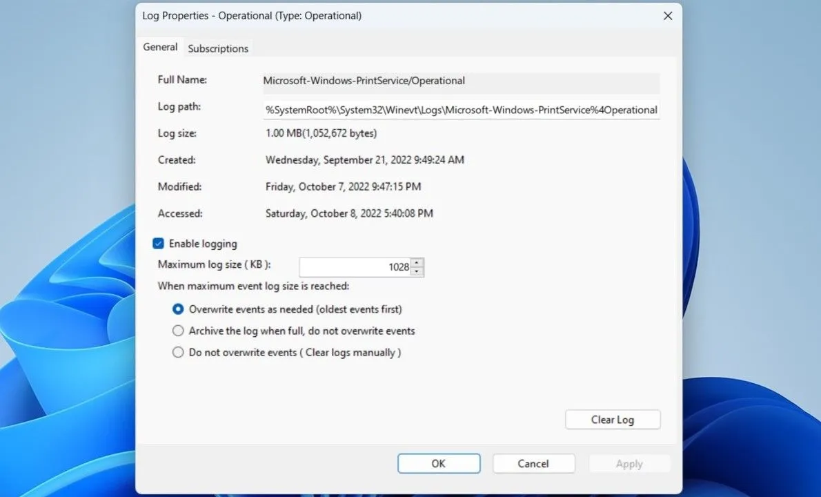 Bật chức năng ghi lịch sử in tài liệu trên Windows 11 qua Event Viewer