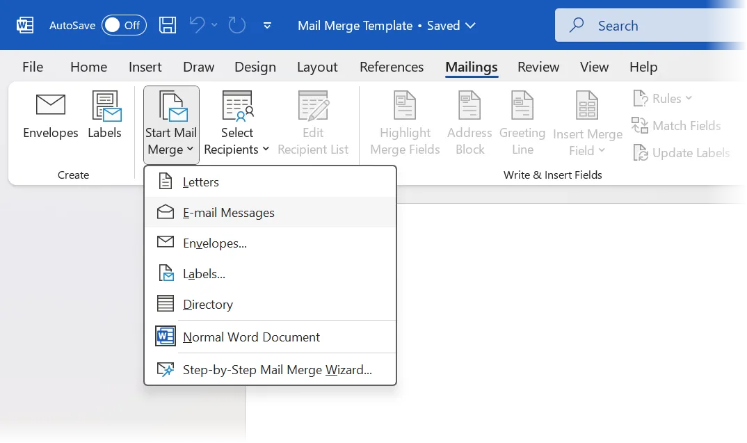 Bắt đầu tính năng Mail Merge trong Microsoft Word từ tab Mailings